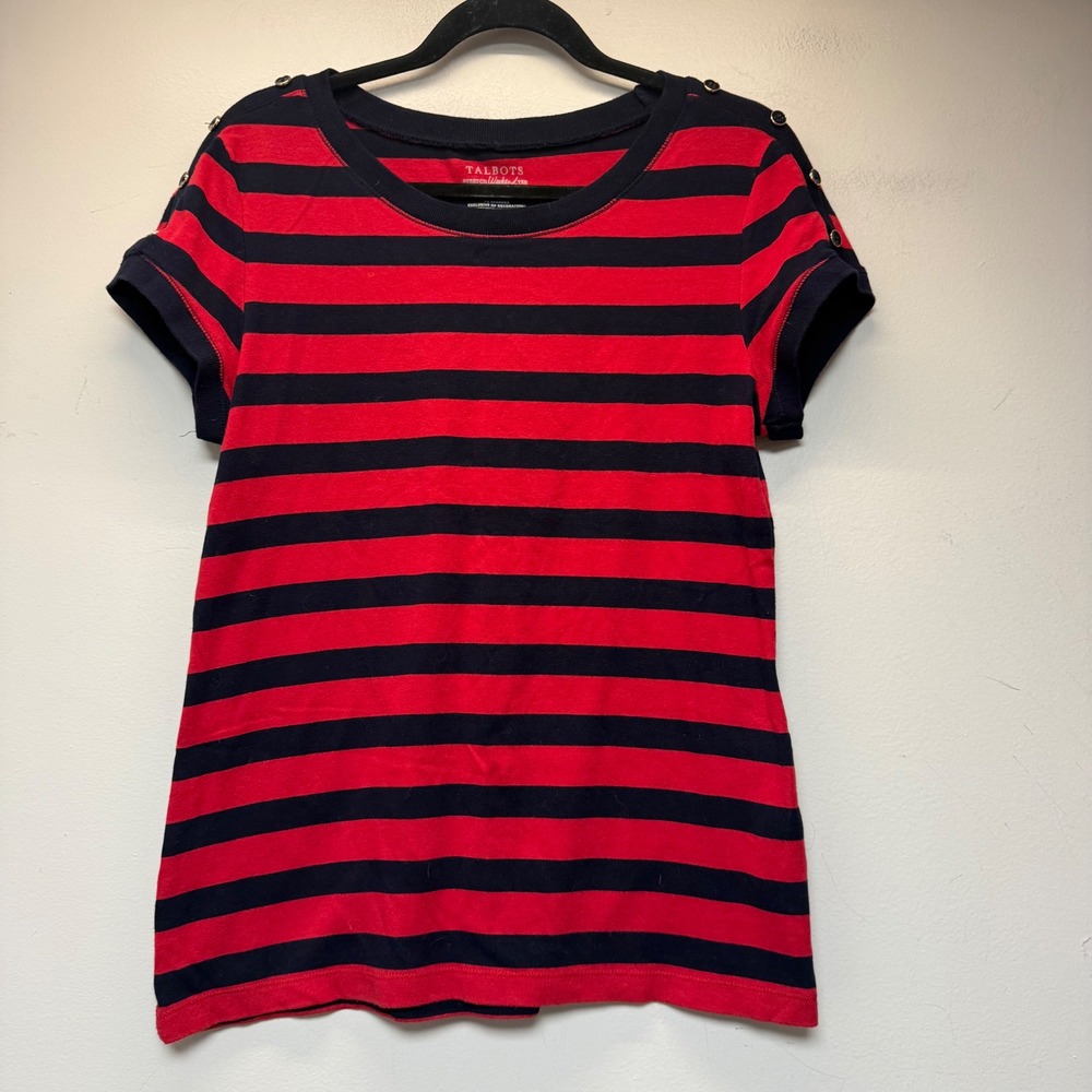 Talbots Weekend Tee Women Large Red Navy Blue Excellent Striped‎ Button Shoulder